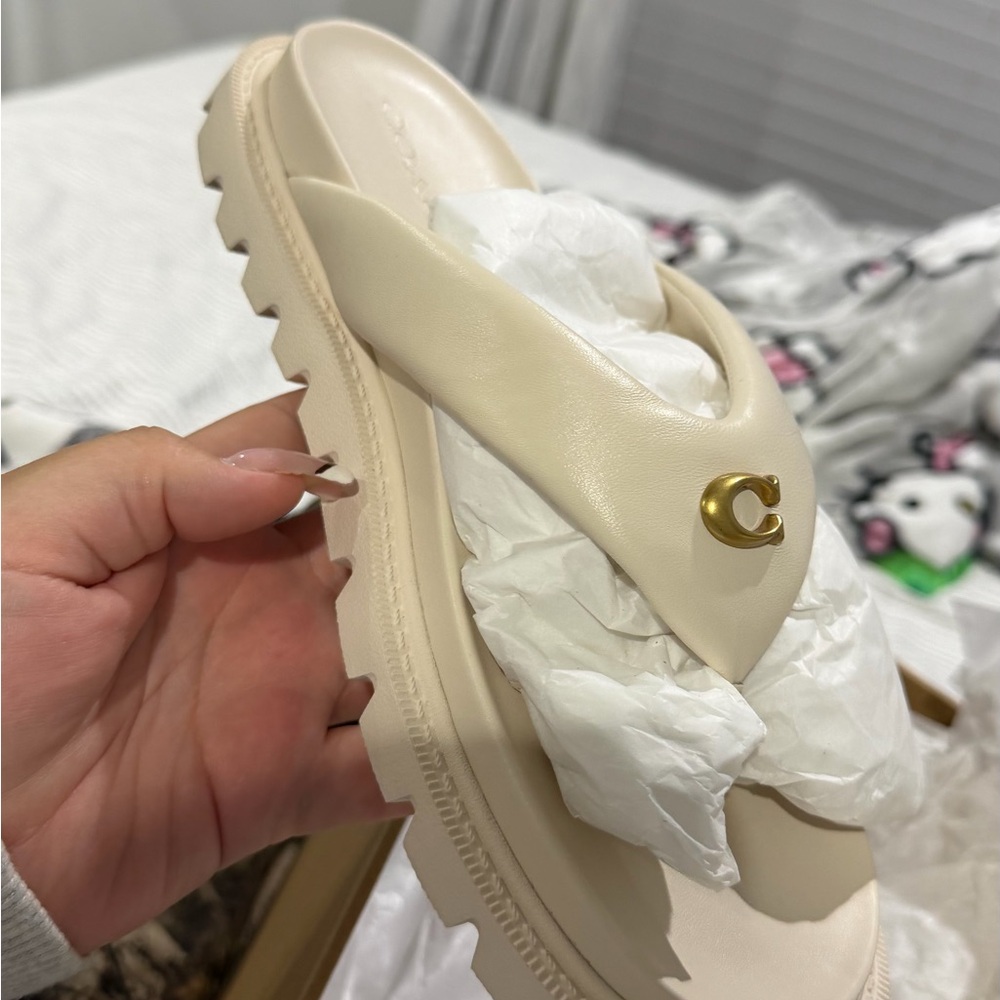 Coach Cream Thong Sandal with Gold 'C' Accent